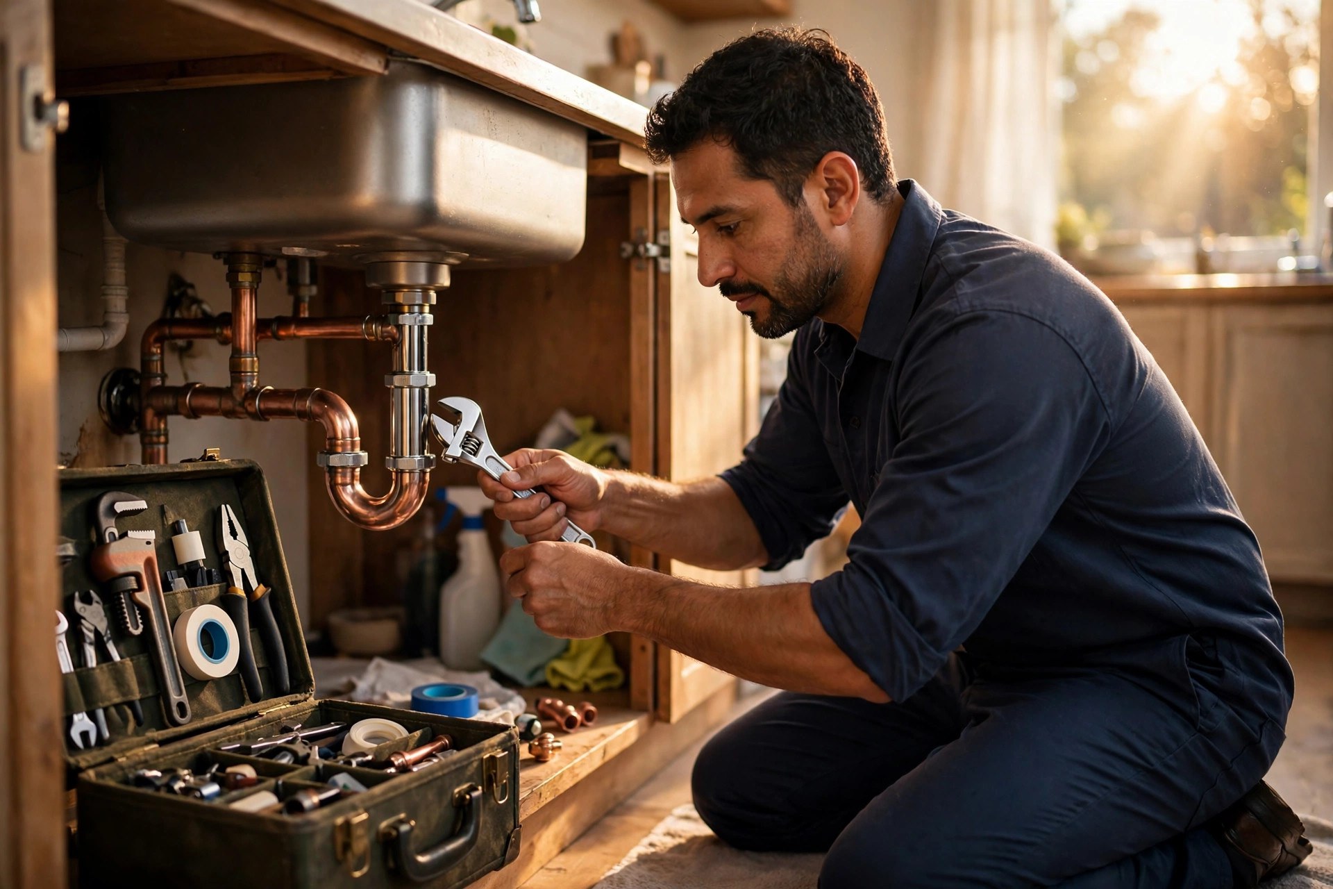 Plomero profesional trabajando en una cocina, a la luz dorada